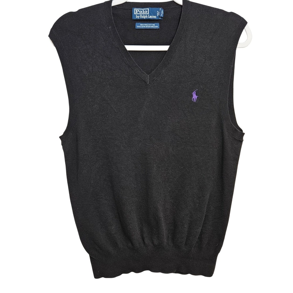 Polo Ralph Lauren Vintage Mens 100% Pima Cotton Sweater Vest Purple Pony Black M